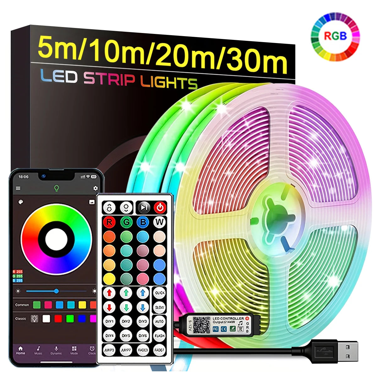 RGB LED Strip mit App & Fernbedienung – 5V USB, 1–30m, Raumbeleuchtung