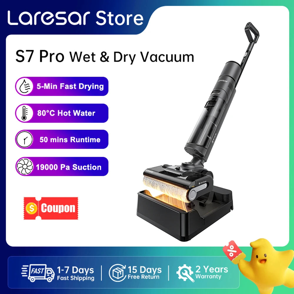 Laresar S7 Pro Nass-Trockensauger – Akku Wischsauger mit 19.000Pa, 80°C Selbstreinigung & 5-Min Trocknung
